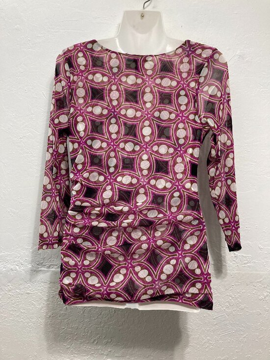 Y2K INC International Concepts 3/4 Sleeve Mesh Top Faux Wrap Ruched Fitted PM - Picture 2 of 10